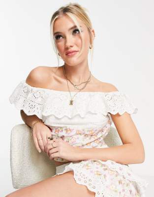 Miss Selfridge premium embroidered floral bardot crop top in ivory