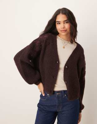 embroidered flower cardigan in brown