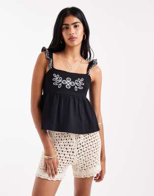 embroidered frill detail cami top-Black