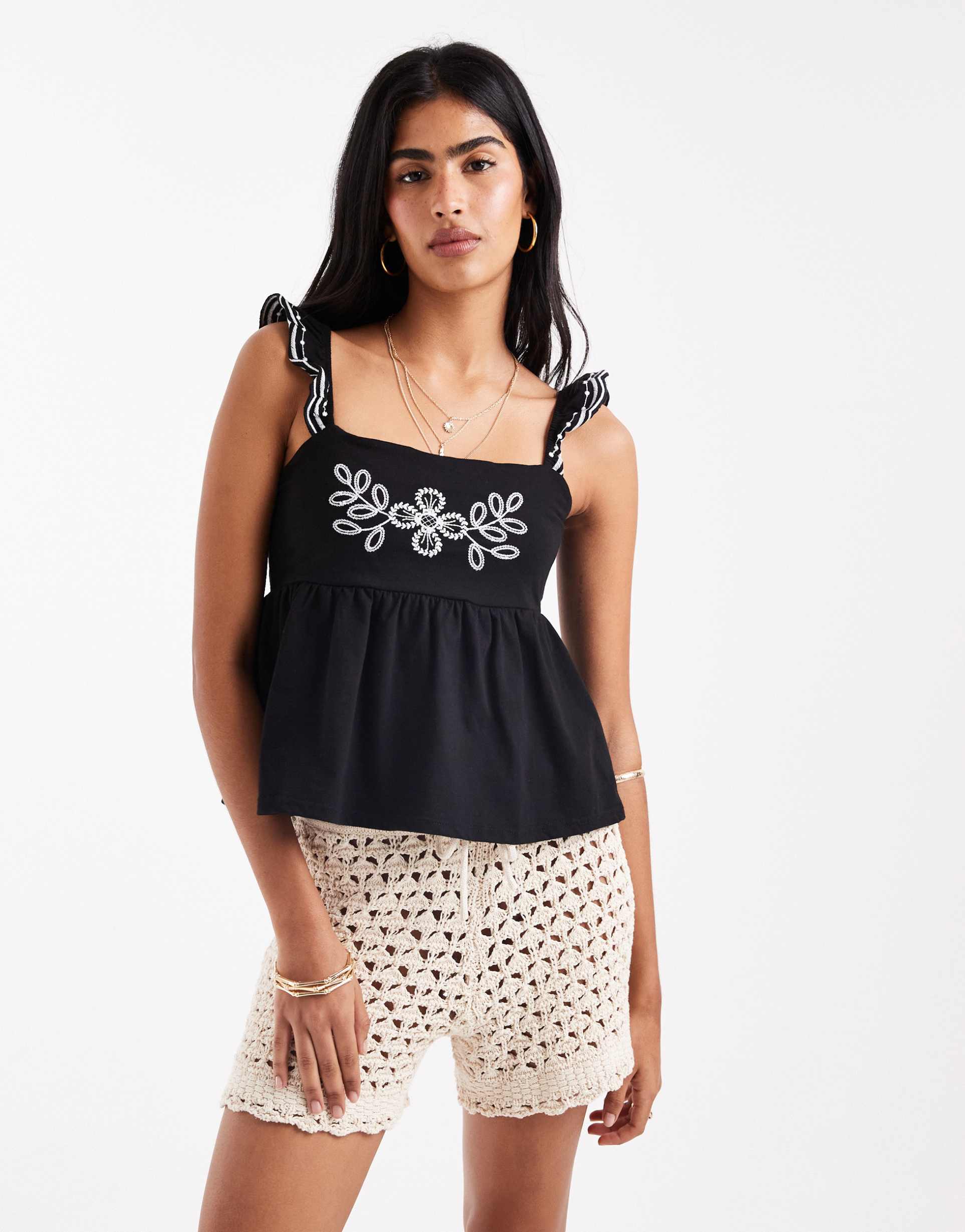 miss selfridge embroidered frill detail cami top