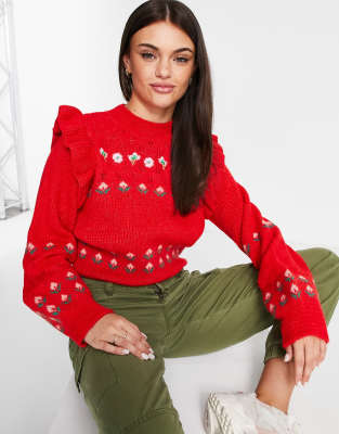 Miss Selfridge embroidered frill shoulder jumper in red