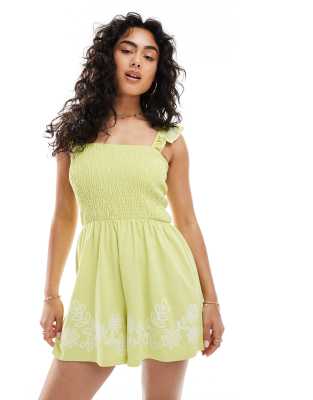 Miss Selfridge Miss Selfridge embroidered frill sleeve playsuit in pale green