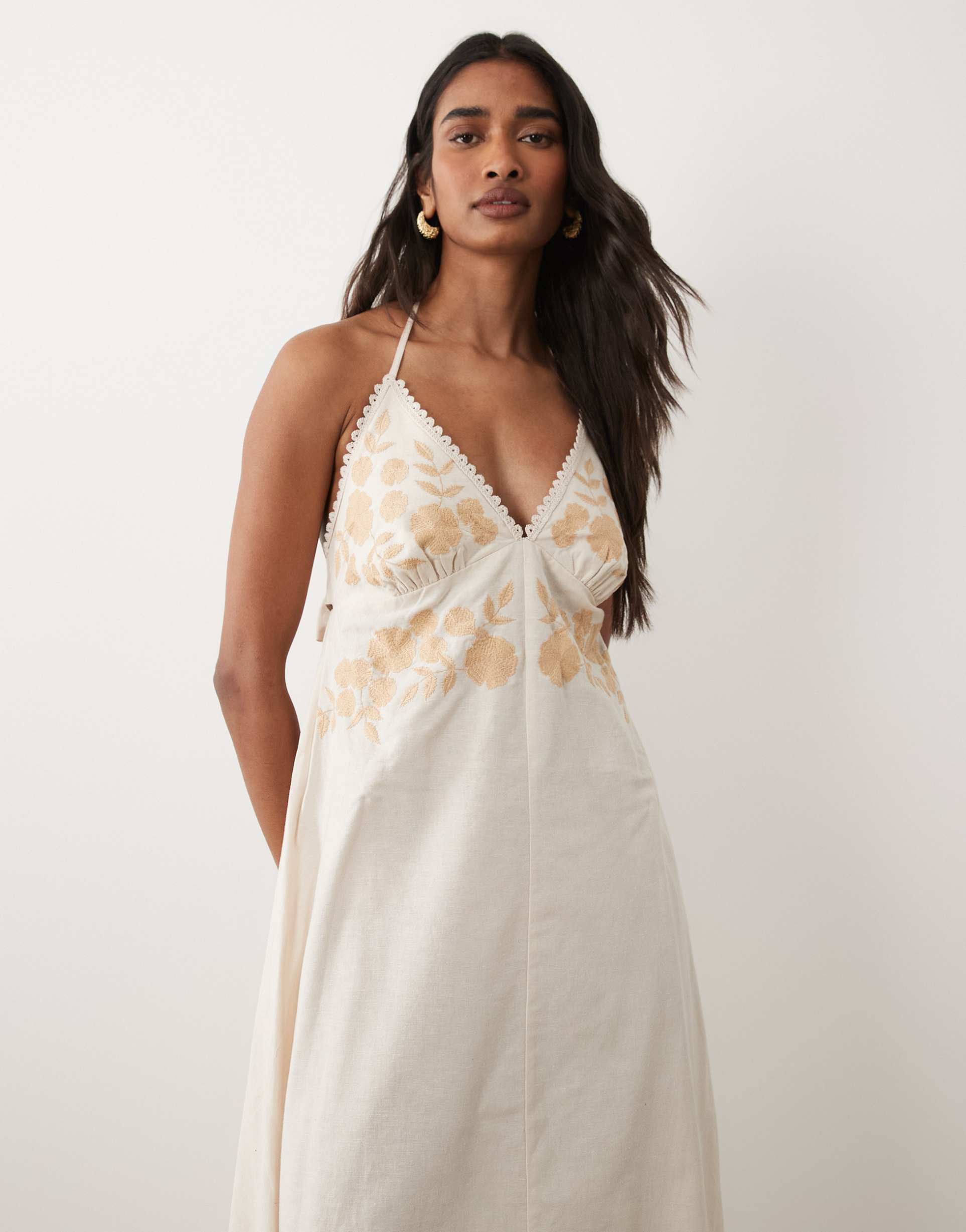 miss selfridge embroidered halter maxi dress