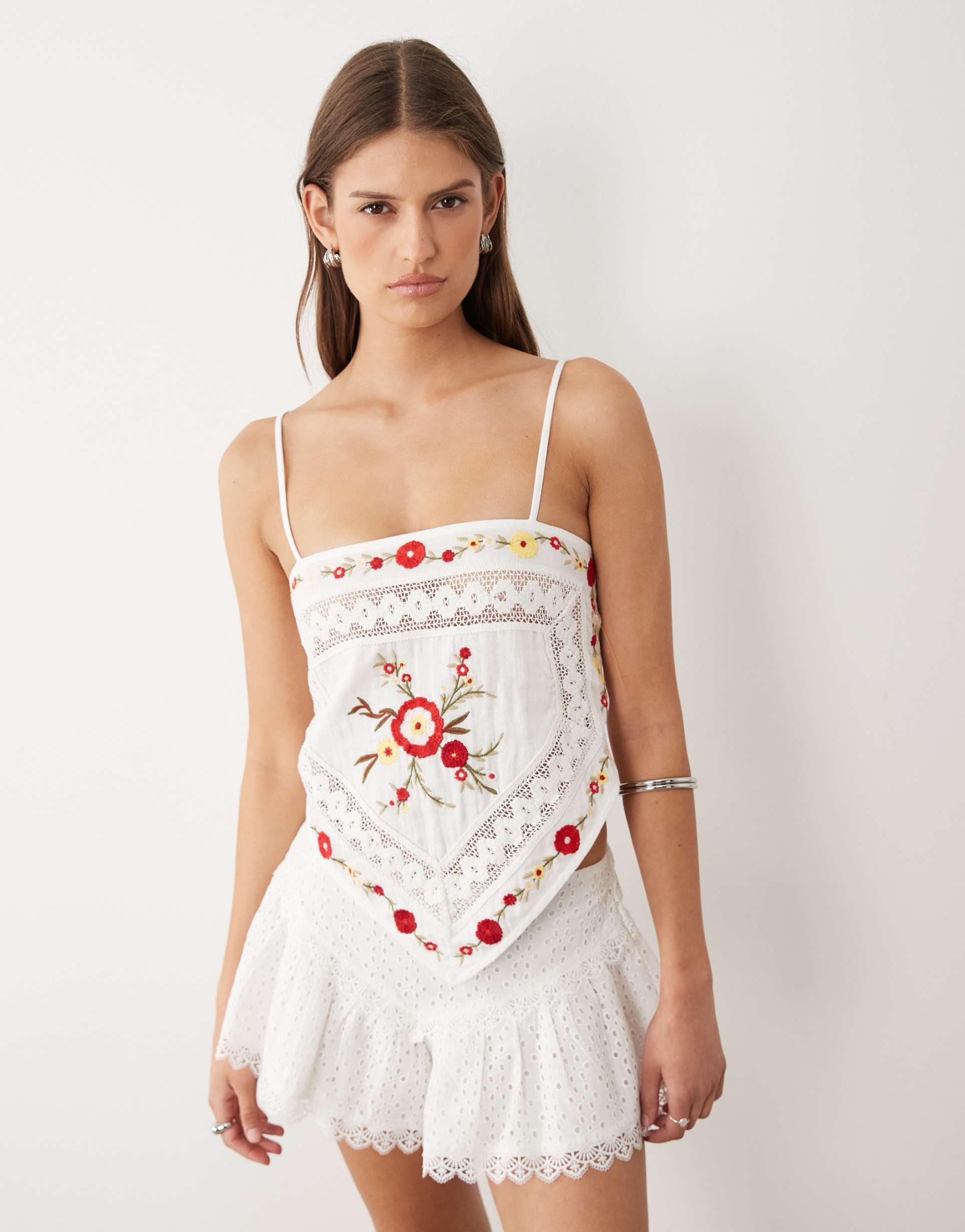 miss selfridge embroidered handkerchief top in white