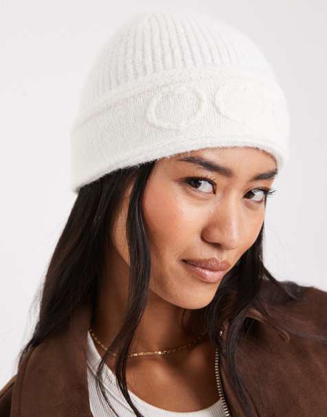 Miss Selfridge embroidered heart knitted beanie in cream - view 1