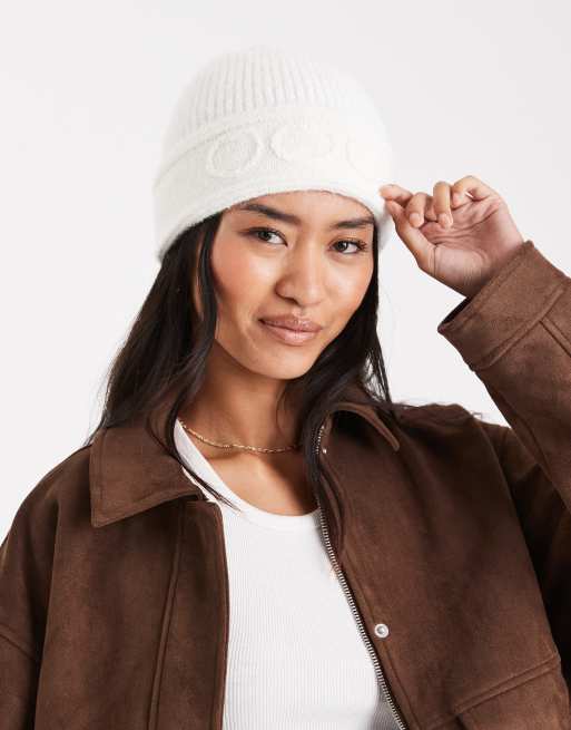 Miss Selfridge embroidered heart knitted beanie in cream, 2 of 3