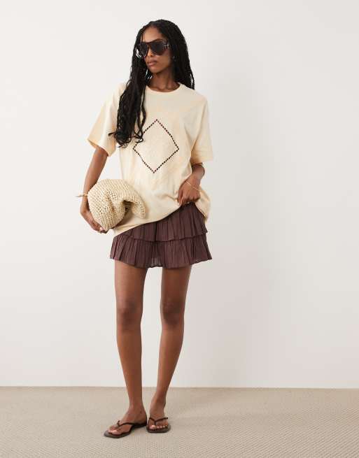 Miss Selfridge embroidered heritage oversized t-shirt in buttermilk