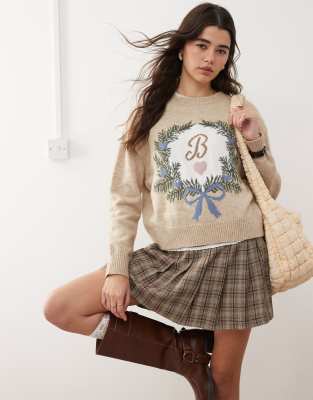 Miss Selfridge Embroidered Knit Sweater With Graphic In Cream-white