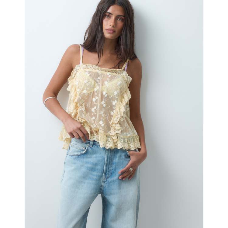 Miss Selfridge embroidered lace ruffle cami in ecru | ASOS