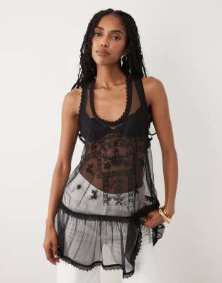 Miss Selfridge embroidered mesh cami top in black
