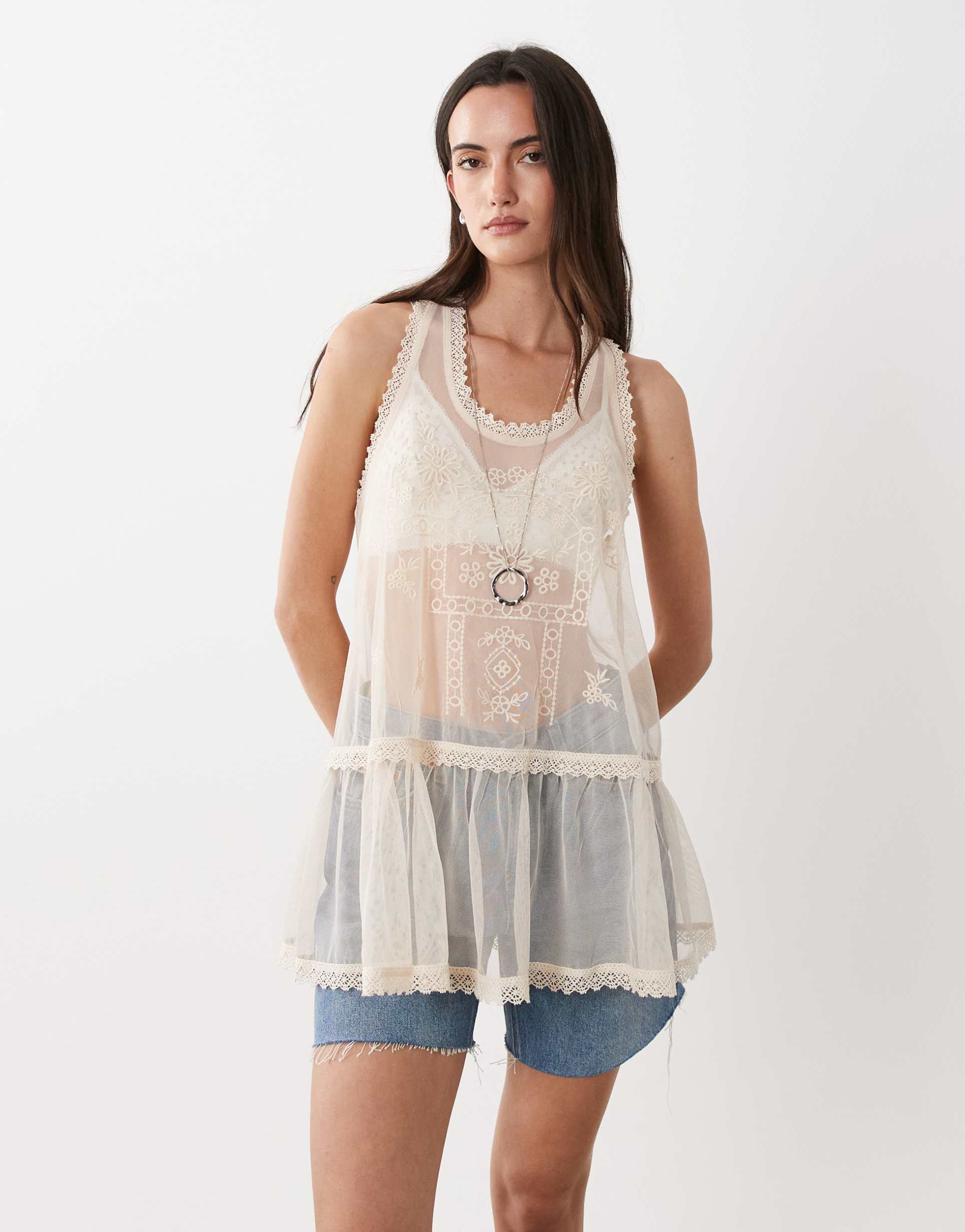 miss selfridge embroidered mesh cami top in ecru