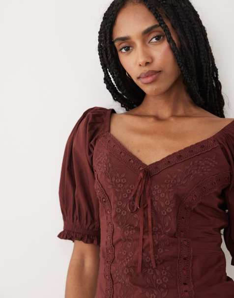 Miss Selfridge embroidered milkmaid top in chocolate - view 1