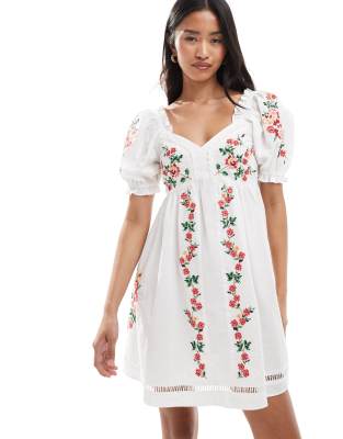 Miss Selfridge Embroidered Mini Babydoll Dress-multi