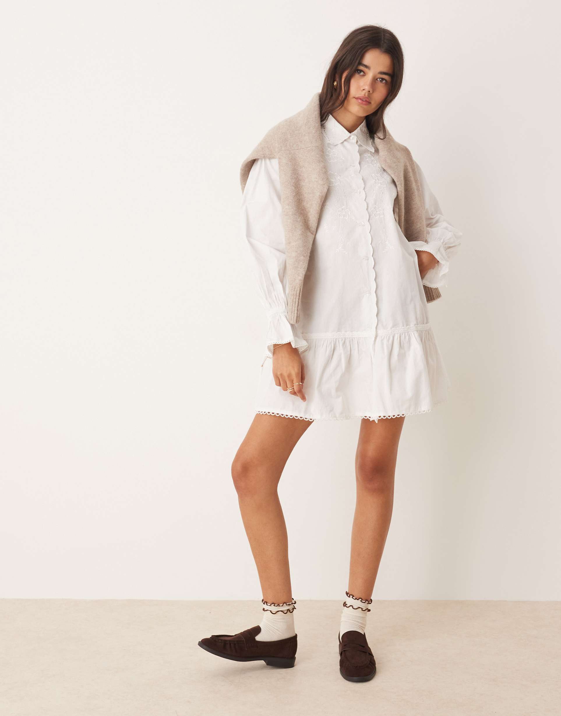 miss selfridge embroidered poplin shirt dress in white