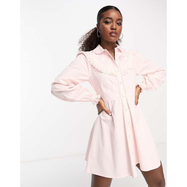 Miss Selfridge embroidered poplin western detail shirt dress in pink