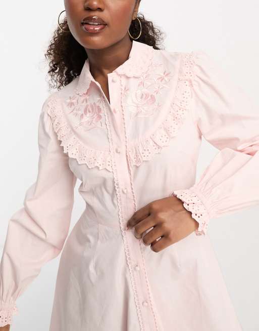 Miss Selfridge embroidered poplin western detail shirt dress in pink