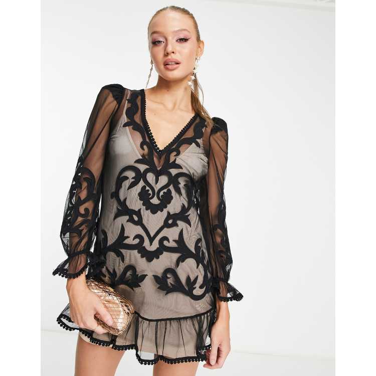 Miss Selfridge embroidered puff sleeve mesh dress in black | ASOS