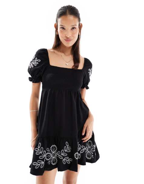 Miss Selfridge embroidered puff sleeve mini dress in black with white embroidery - view 1
