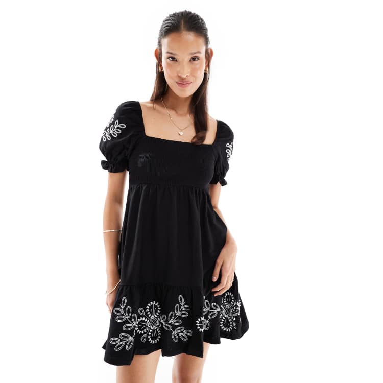 Miss Selfridge embroidered puff sleeve mini dress in black with white  embroidery | ASOS