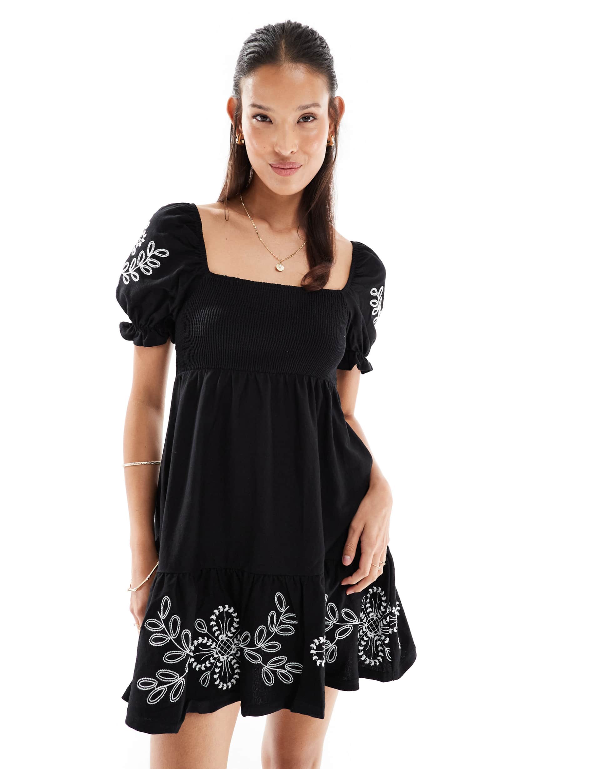 miss selfridge embroidered puff sleeve mini dress in black with white embroidery