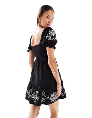 Miss Selfridge embroidered puff sleeve mini dress in black with white embroidery
