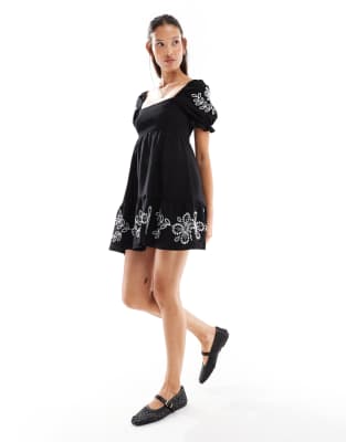 Miss Selfridge embroidered puff sleeve mini dress in black with white embroidery