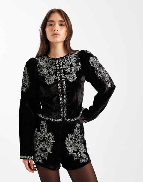 Miss Selfridge embroidered puff sleeve velvet jacket in black - view 1
