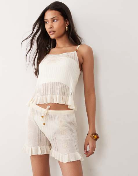 Miss Selfridge embroidered sheer knit set in cream - view 1