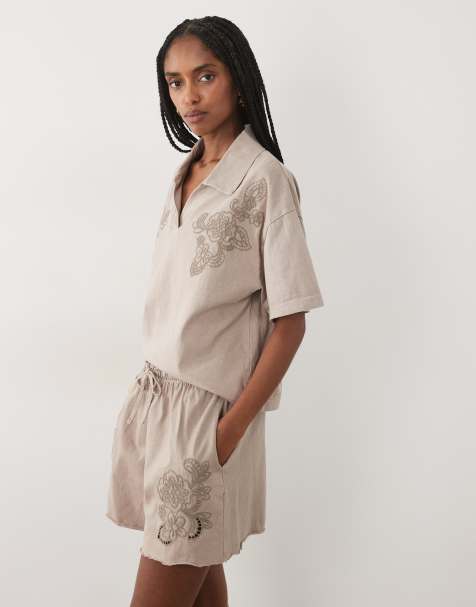 Miss Selfridge embroidered shirt & shorts set in brown - view 1
