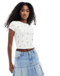 [Miss Selfridge] Miss Selfridge embroidered short sleeve ribbed lettuce edge t-shirt-Multi 6 Embroidery