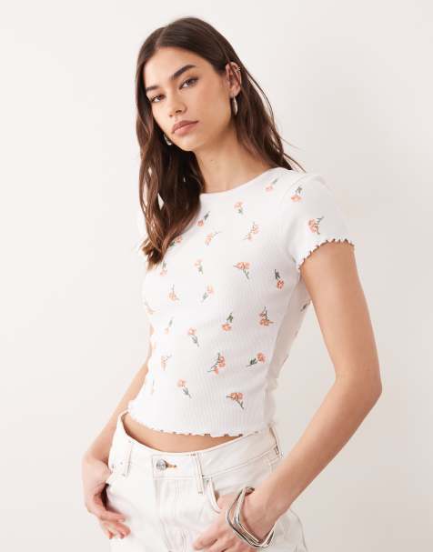 Miss Selfridge embroidered short sleeve ribbed lettuce edge t-shirt - view 1