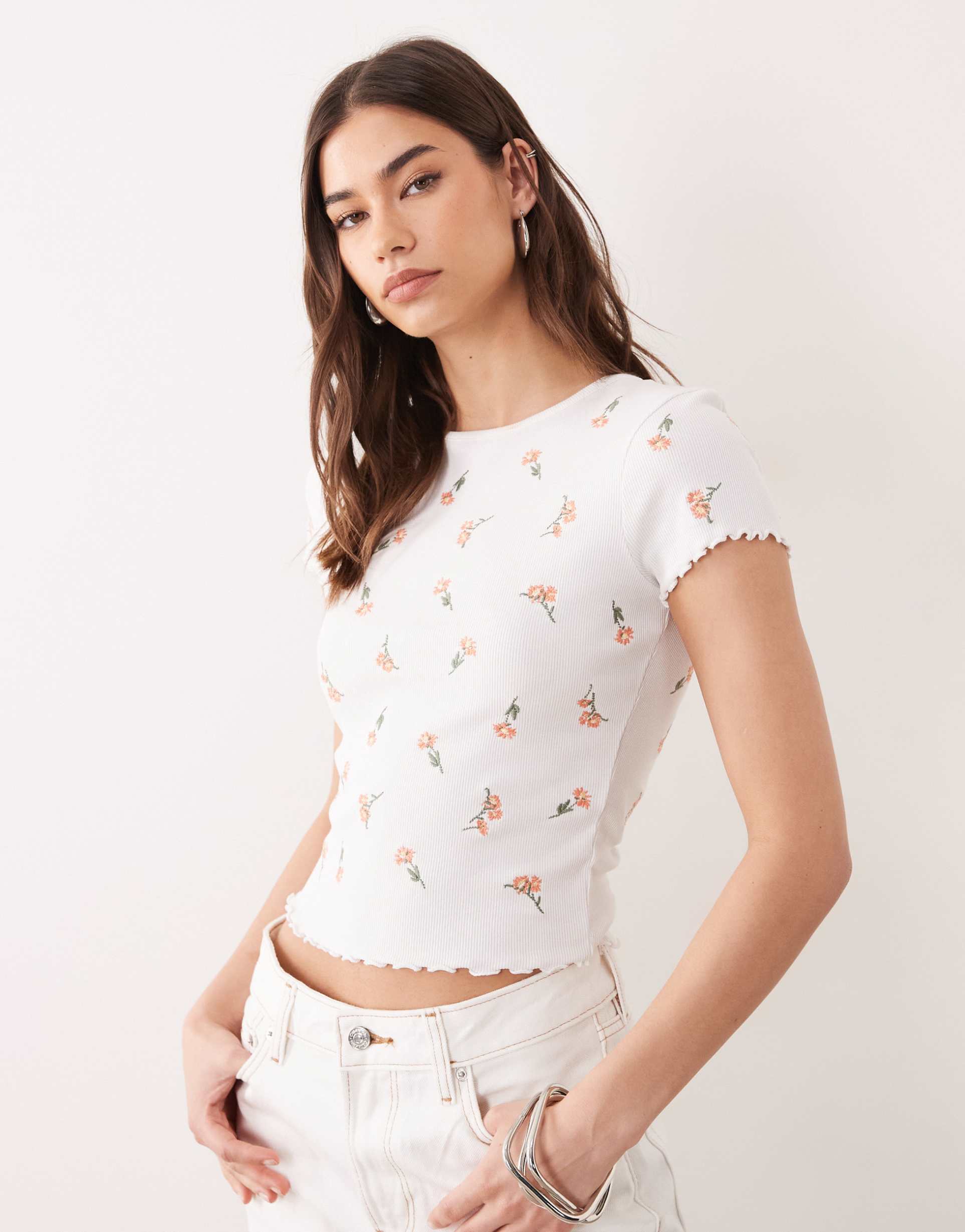 miss selfridge embroidered short sleeve ribbed lettuce edge t-shirt