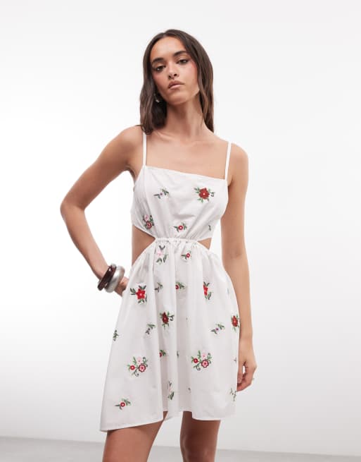 Miss Selfridge embroidered tie back mini dress in white, 4 of 4