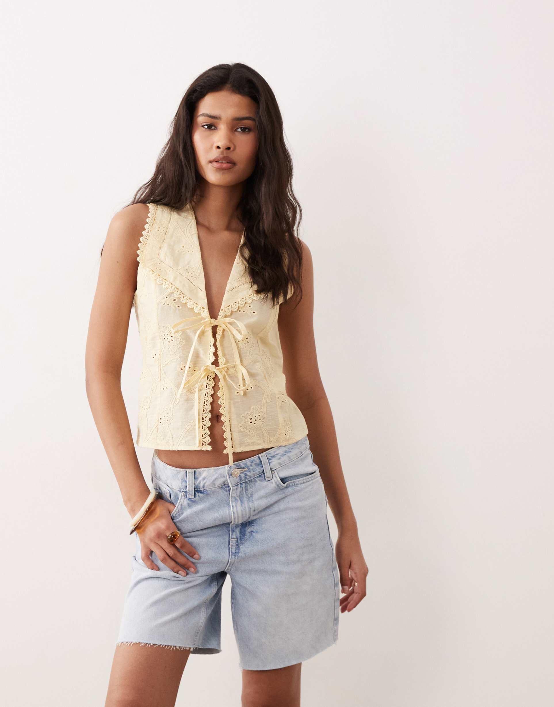 miss selfridge embroidered tie front tank top in buttermilk