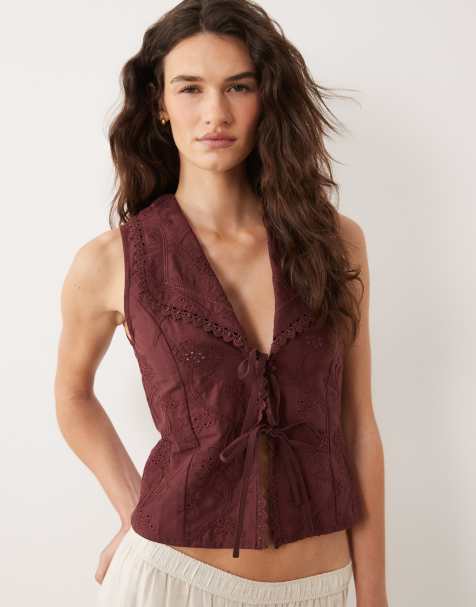 Miss Selfridge embroidered tie front waistcoat in fig - view 1