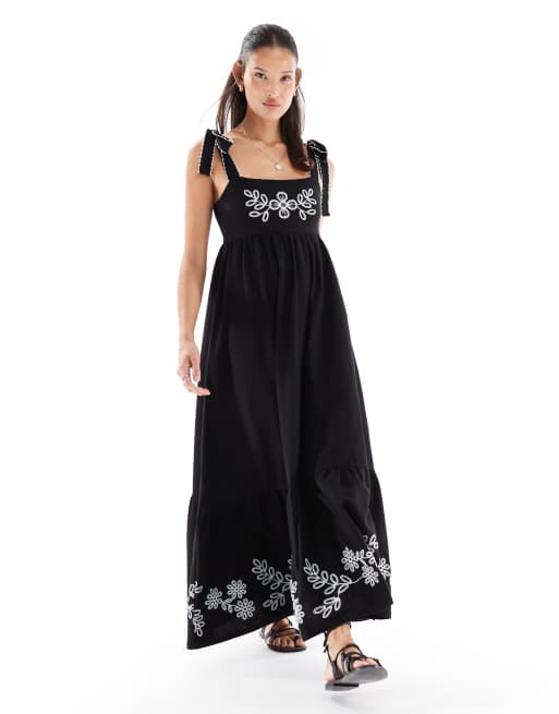 Miss Selfridge embroidered tie shoulder maxi dress in black