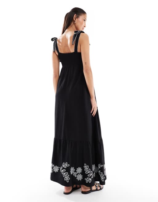 Miss Selfridge embroidered tie shoulder maxi dress in black