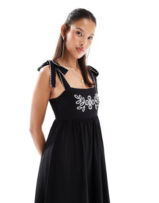 Miss Selfridge embroidered tie shoulder maxi dress in black | ASOS