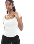 [Miss Selfridge] Miss Selfridge embroidered trim short sleeve tee in white 8 WHITE