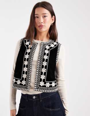 Miss Selfridge Embroidered Velvet Vest In Black