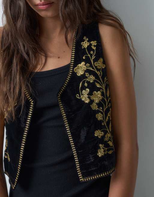 Miss Selfridge embroidered velvet waistcoat in black, 4 of 5