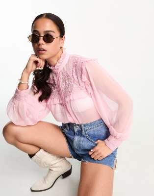 Miss Selfridge embroidered yoke victoriana blouse in blush - ASOS Price Checker