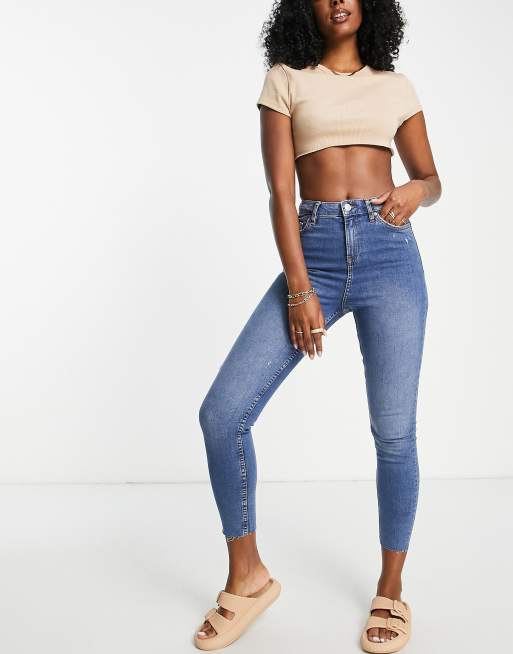 Miss Selfridge Emily high waist skinny jeans in midwash blue