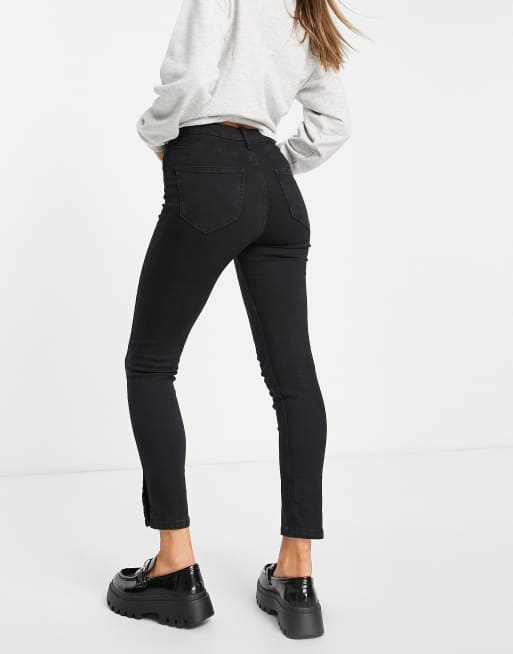 Miss Selfridge Emily high waist slit front ankle grazer skinny jeans in  black