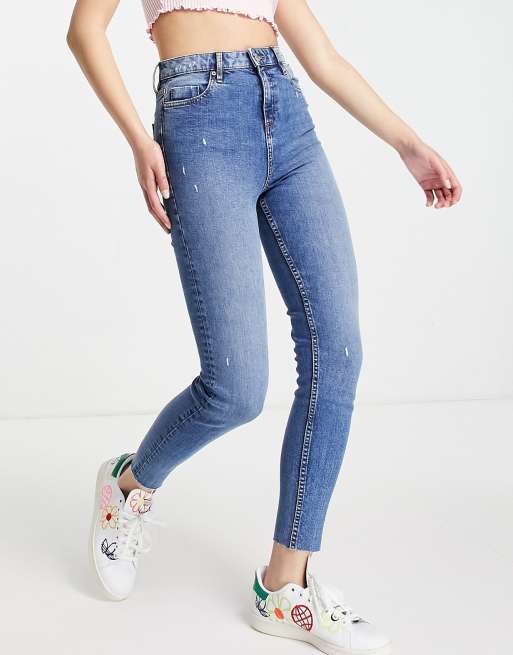 Miss Selfridge – Emily – Mellanblå ankellånga skinny jeans med hög midja