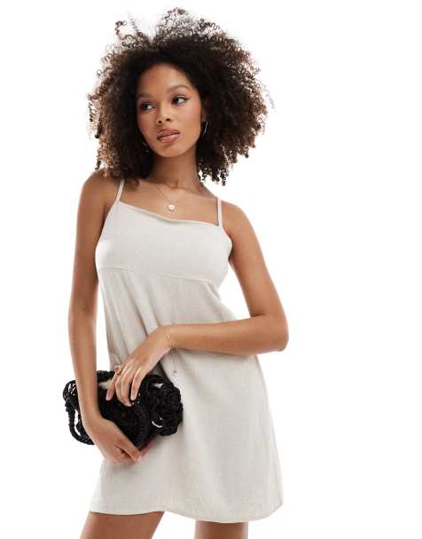 Miss Selfridge empire seam linen mini dress in stone - view 1