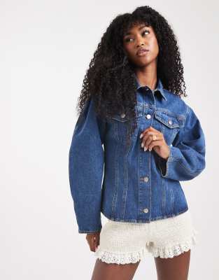 Miss Selfridge - Eng anliegendes Jeanshemd mit Korsettdetail in mittlerer Waschung-Blau