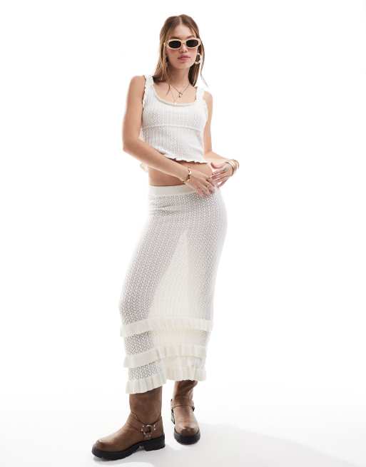 Miss Selfridge - Ensemble à volants en maille au crochet - Crème