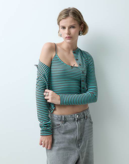 Miss Selfridge ensemble cardigan côtelé et caraco en turquoise et marron, 2 de 5