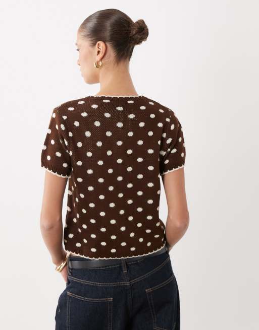 Miss Selfridge ensemble coordonné cardigan à manches courtes avec point de feston à pois chocolat, 4 de 4